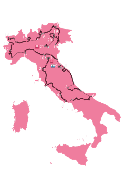 Mappa del percorso e delle tappe del giro d'italia